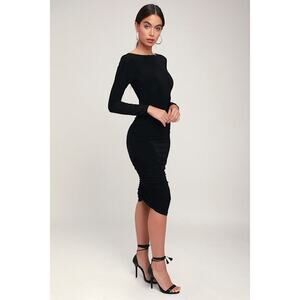 Lulus Sweet Thing Black Ruched Long Sleeve Backless Bodycon Dress - Size L